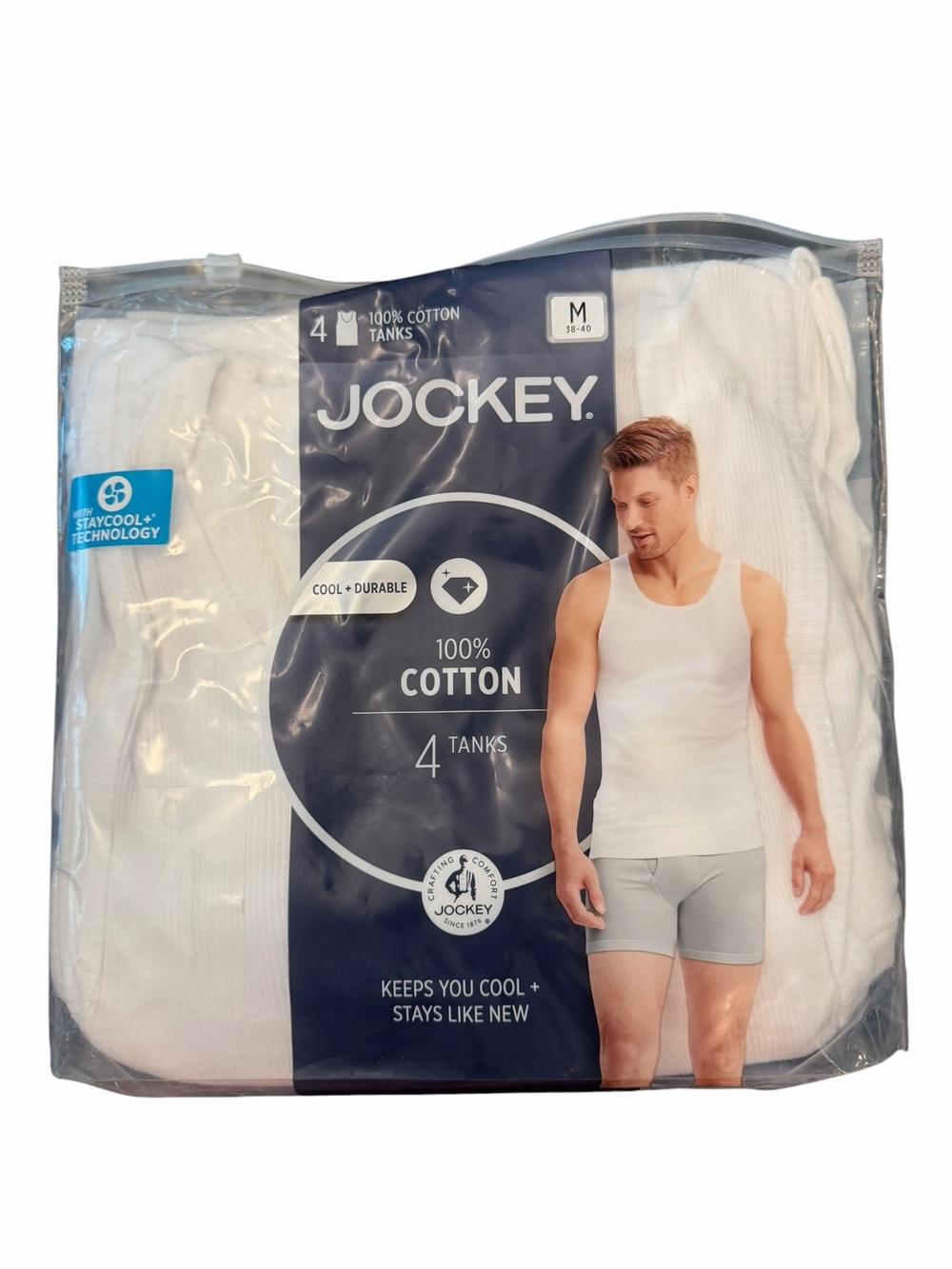 New Jockey 4 Pack Men's Stay Cool Cotton Tanks Size Medium 38-40 White